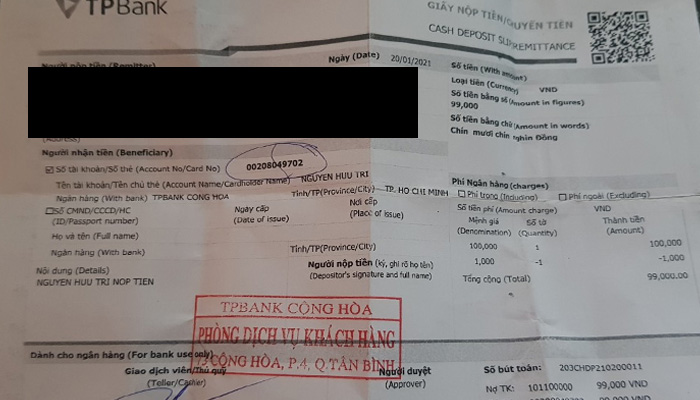 biên lai nộp tiền TP Bank