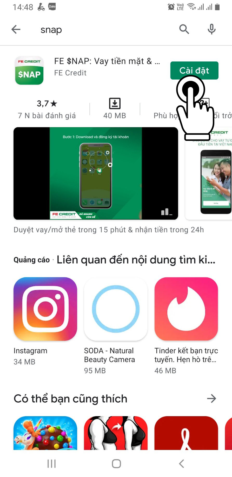 cài đặt snap fe credit