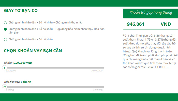 lãi suất vay 5 triệu fe credit