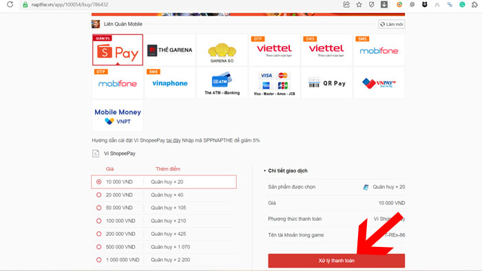 nạp quân huy garena