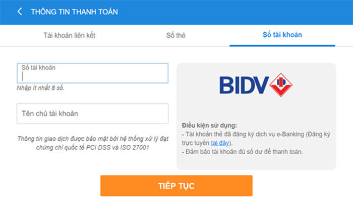 nhập thông tin thẻ thanh toán