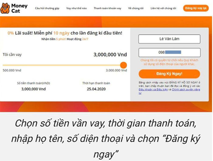 đăng ký vay tiền money cat