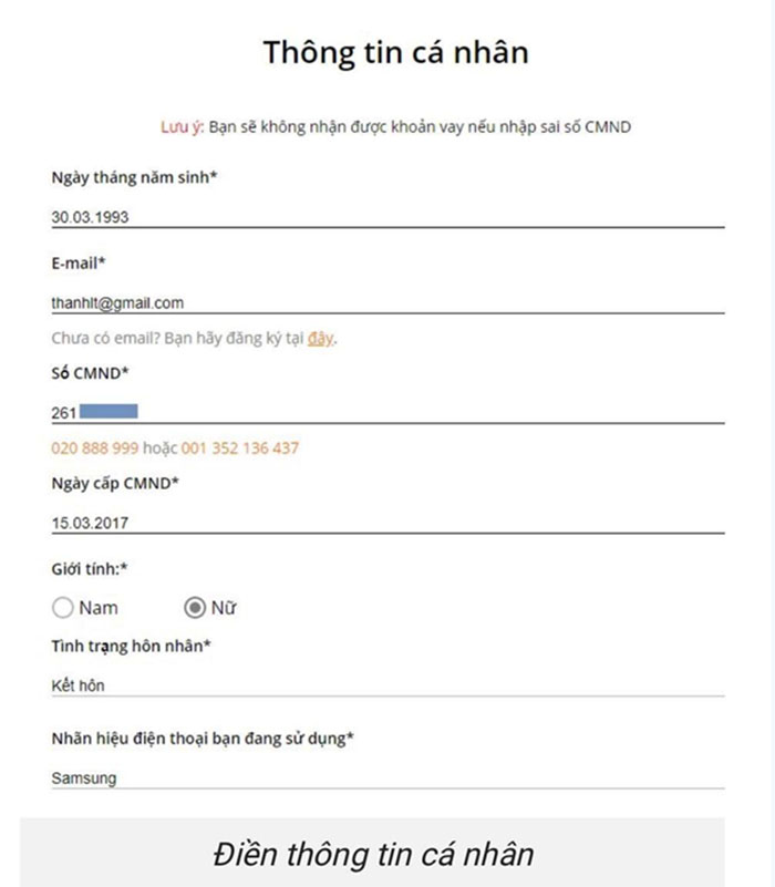 điền thông tin cá nhân