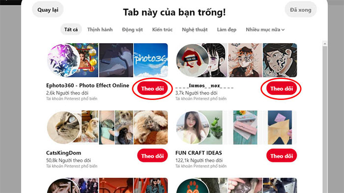 theo dõi người dùng khác trên Pinterest